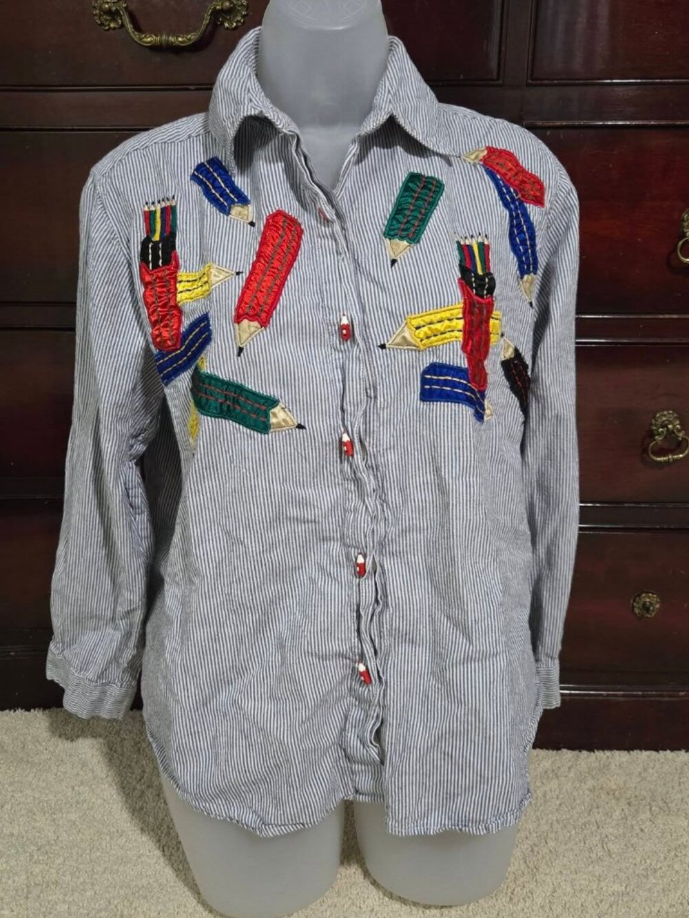 Vintage New Direction 90s Teacher Pencils Striped Button Down Long Sleeve Shirt